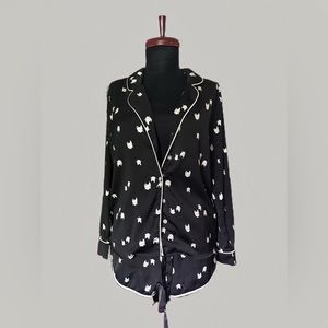 Silky Pajama Set in White Cat Print